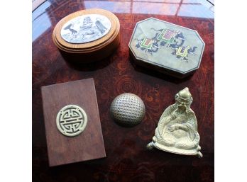 Lot Of 5 Decorative Items - Scrimshaw Wooden Box, Stone Asian Elephants Box, Paperweight, Etc