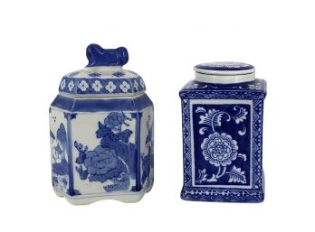 Pair Of Blue & White Ceramic Tea Canisters