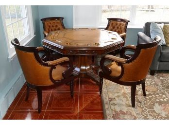 Maitland-Smith Carved Mahogany And Leather Octagonal Game Table With 4 Hancock & Moore Armchairs - $6000+ Cost