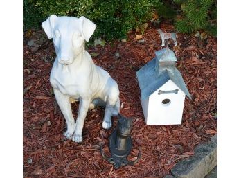 Dog Outdoor Resin Sculpture, Dog Themed Birdhouse, And Cast Iron Horse Coat Rack