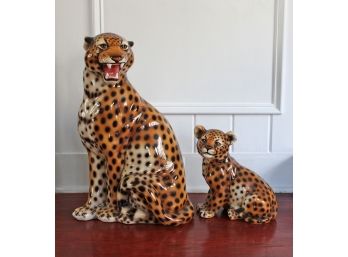 Pair Of Large Italian Ceramic Cheetah Mother & Cub Statues