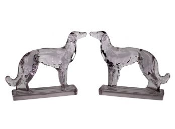 Pair Of Clear Glass Art Deco Style Greyhound Dog Bookends