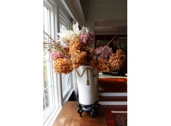 Large Italian Ceramic Vase With Stand & Faux Flowers