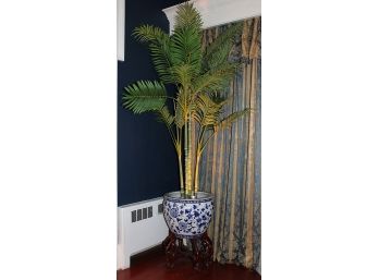 Large Faux Bamboo Plant In Blue & White Chinese Export Ceramic Planter With Stand & Accent Light