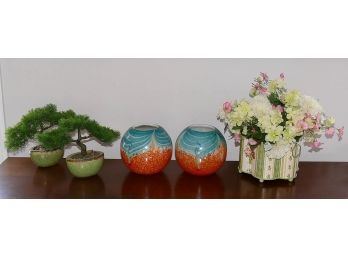 Table Decor Lot - Glass Vases, Imitation Bonsai Trees, Tin Planter