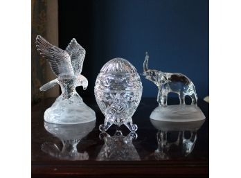 Lot Of 3 Crystal/Glass Figurine Sculptures - Eagle, Elephant, Egg