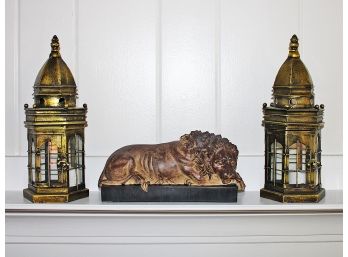 Pair Metal Votive Lanterns & Decorative Lion