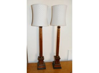 Pair Of Wood Hand Painted Column Table Lamps