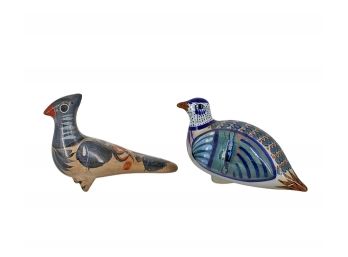 Pair Of Hand Painted Tonala Style Pottery Birds - Numbered & One Signed Erandi Mexico