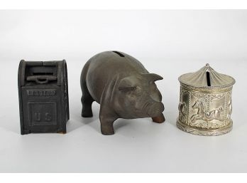 Lot Of 3 Vintage Cast Iron & Silverplate Banks - Mailbox, Piggy, & Carousel