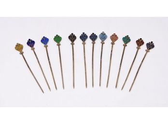 Set Of 12 Art Nouveau Sterling Silver Plique-a-Jour Enamel Cocktail Picks