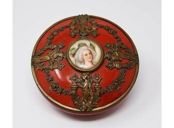 Antique French Porcelain And Gilt Bronze Powder Box With Hand Painted Portrait Plaque