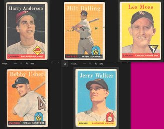 Lot Of 5 1958 Topps Bob Usher, Harry Anderson, Les Moss, Milt Bolling, Jerry Walker