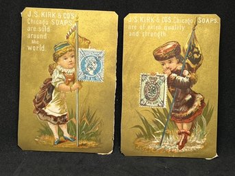 (2) 1870-1900 J. S. Kirk & Co.'s Soap, Sold Around The World, Chicago Victorian Trade CardS