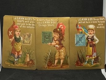(3) 1870-1900 J. S. Kirk & Co.'s Soap, Sold Around The World, Chicago Victorian Trade CARDS