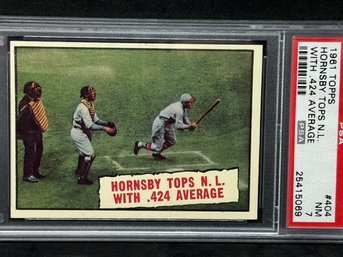 1961 TOPPS ROGERS HORNSBY TOPS NL WITH .424 AVG - HIGH GRADE WOW!