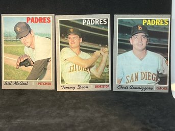 (3) 1970 TOPPS PADRES LOT BILL MCCOOL, TOMMY DEAN & CHRIS CANNIGGARO