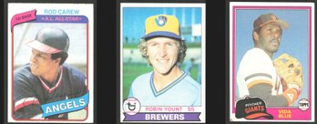 3-CARD LOT 1980 TOPPS ROD CAREW, 1979 TOPPS ROBIN YOUNT & 1981 TOPPS VIDA BLUE