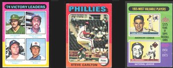 (3) 1975 TOPPS STEVE CARLTON, 74' VICTORY LEADERS, 1955 MVPS