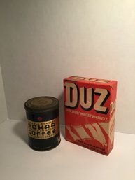 Vintage Advertising Lot, DUZ Laundry Soap Box (full, Unopened), Bokar Coffee Tin