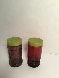 2 Vintage Wheaton Colored Glass Jars, Shaker, Jam, Plastic Screw Top