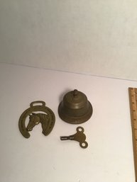 Vintage Brass Lot, Hotel Desk Bell (works Great), Clock Key, Horse Adornment