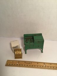 Vintage Painted Cast Iron Dollhouse Stove And Mini Brass Cash Register In Box