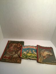 3 Antique Linen Childrens Book, Cloth, Animals