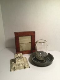 Nice Primitives Lot, Heavy Wood/glass Flower Press, Tin/glass Chicken Waterer, Painted Metal Inkwell