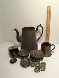 Primitive Tin (mostly) Lot, Coffee Pot, Molds