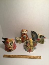 Vintage Ceramic Planter Lot, Mid-century, Birds, Duck, Teddy Bear