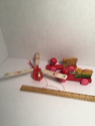 2 Vintage Wooden Pull Toys And Plastic Helicopter