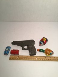 Vintage Tin Toys Lot, Pop-gun Pistol (works), Clicker Toy, Race-car, Tiny Toolbox