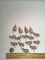 Vintage Painted Lead Figures With Stake, Old Fashioned Lady, Cows