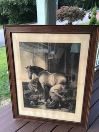 Large Antique Farm Animal Print, Oak Frame, Great Subject Matter