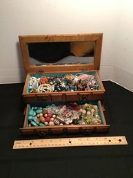 Wooden Jewelry Box Full Of Costume Jewelry