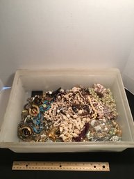 Bin Full Of Costume Jewelry Leftovers, Shells, Matched Earrings, Etc.