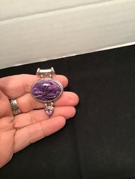 Large Sterling And Purple Stone Pendant, Heavy!