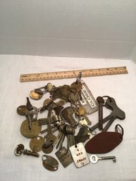 Vintage Keys Lot Incl. Brass Tags, Etc.  Lucite Elevator Sign.