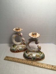 Pair Of Delicate Ceramic Candlesticks, Portugal