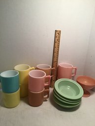 Mid Century Color Coated Milk Glass Lot, Coffee Mugs, Etc.  NO SHIPPING