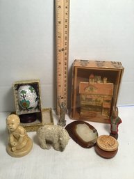 Decorative And Collectibles Lot, Painted Brass Polar Bear, Clay Santa Claus, Etc