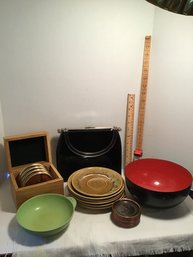 Another Mid Century Lot, Lucite Handled Purse, Coasters, Melamine, Etc.  NO SHIPPING