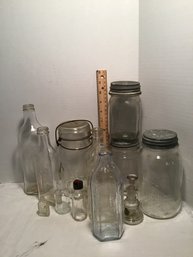 Antique Glass Jar And Bottle Lot, Anchor Mason Jar  Others, Fish Oil, Etc.