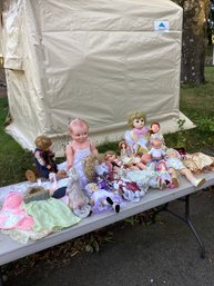 Vintage Doll Table Lot, Large Plastic Kewpie, Composition, Bisque Collector Dolls, Etc.