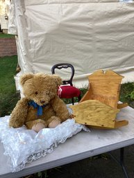 Vintage Table Lot, FAO Schwartz Large Teddy Bear, Solid Wood Large Doll Cradle, Doll Chair