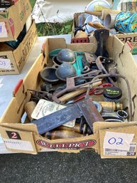 02, BOX LOT #02, Tools, Iron, Pulleys, Etc