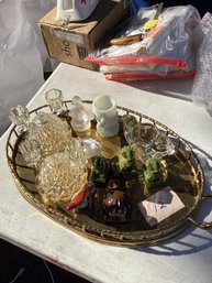 12, BOX LOT #12, Brass Dresser Tray With Decorative Items, Foo Dogs, Tribal, Candlesticks, Etc.