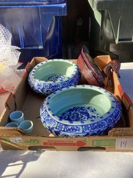 14, BOX LOT #14, Blue/white Chinese Planters, Lacquered Duck Box, Etc.