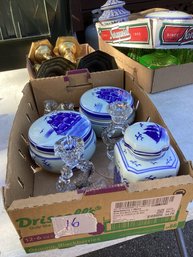 16, BOX LOT #16, Blue/white Nantucket Pottery, Candlesticks, Dog Candy Holders, Etc.